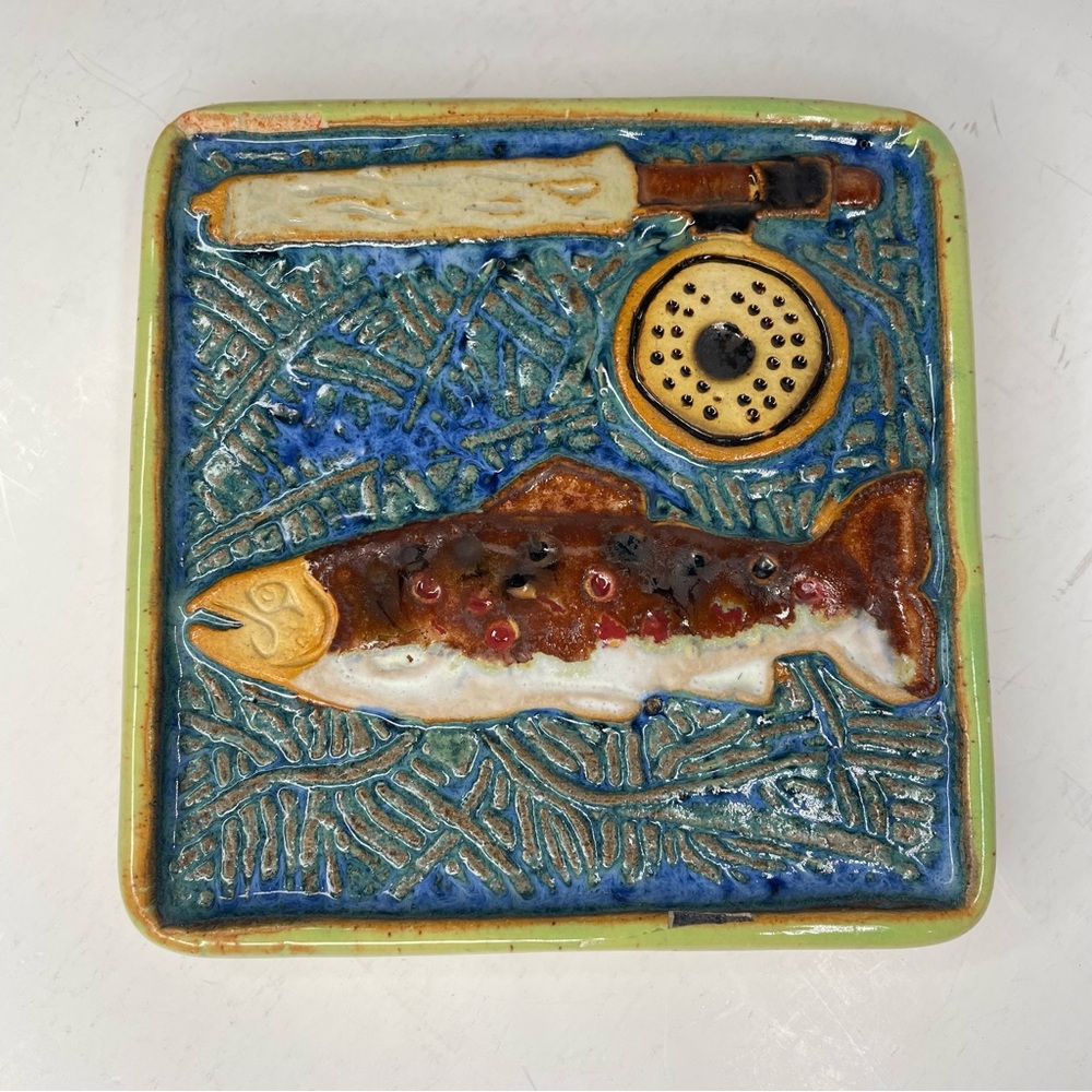 Brown Trout & Fishing Rod Artisan Ceramic Tile Trivet 4.25” x 4.75” Sporck? Fish